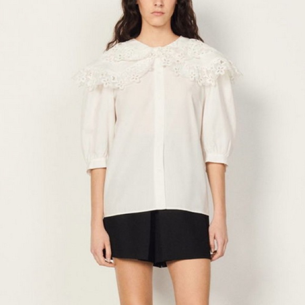 Brand new Sandro Angus Lace Collar Cotton Blouse in Ecru White Size 1